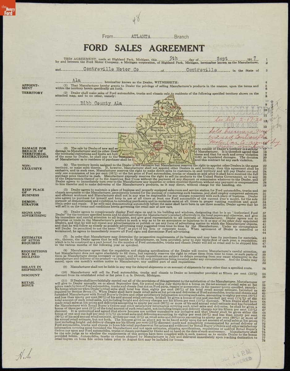 Cancelled Ford Sales Agreement for Centreville Motor Company, Centerville, Alabama, February 4, 1920