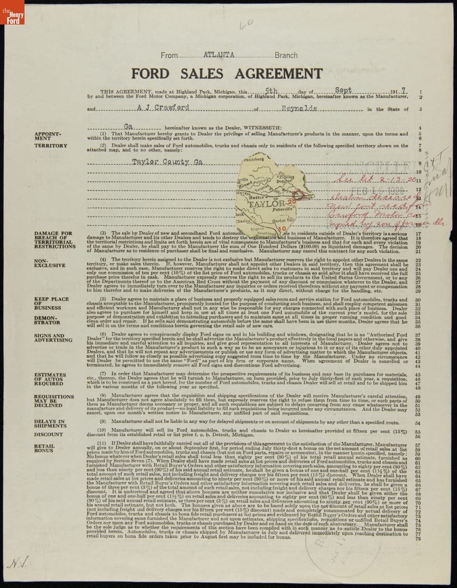 Cancelled Ford Sales Agreement for A.J. Crawford, Reynolds, Georgia, February 19, 1920