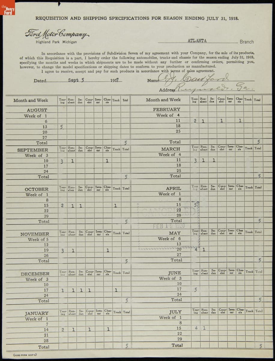 Cancelled Requisition Form for A.J. Crawford, Reynolds, Georgia, February 19, 1920