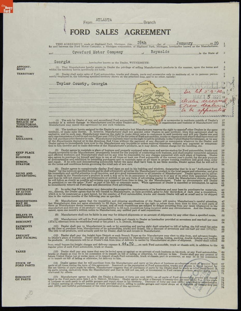 Cancelled Ford Sales Agreement for Crawford Motor Company, Reynolds, Georgia, May 15, 1920