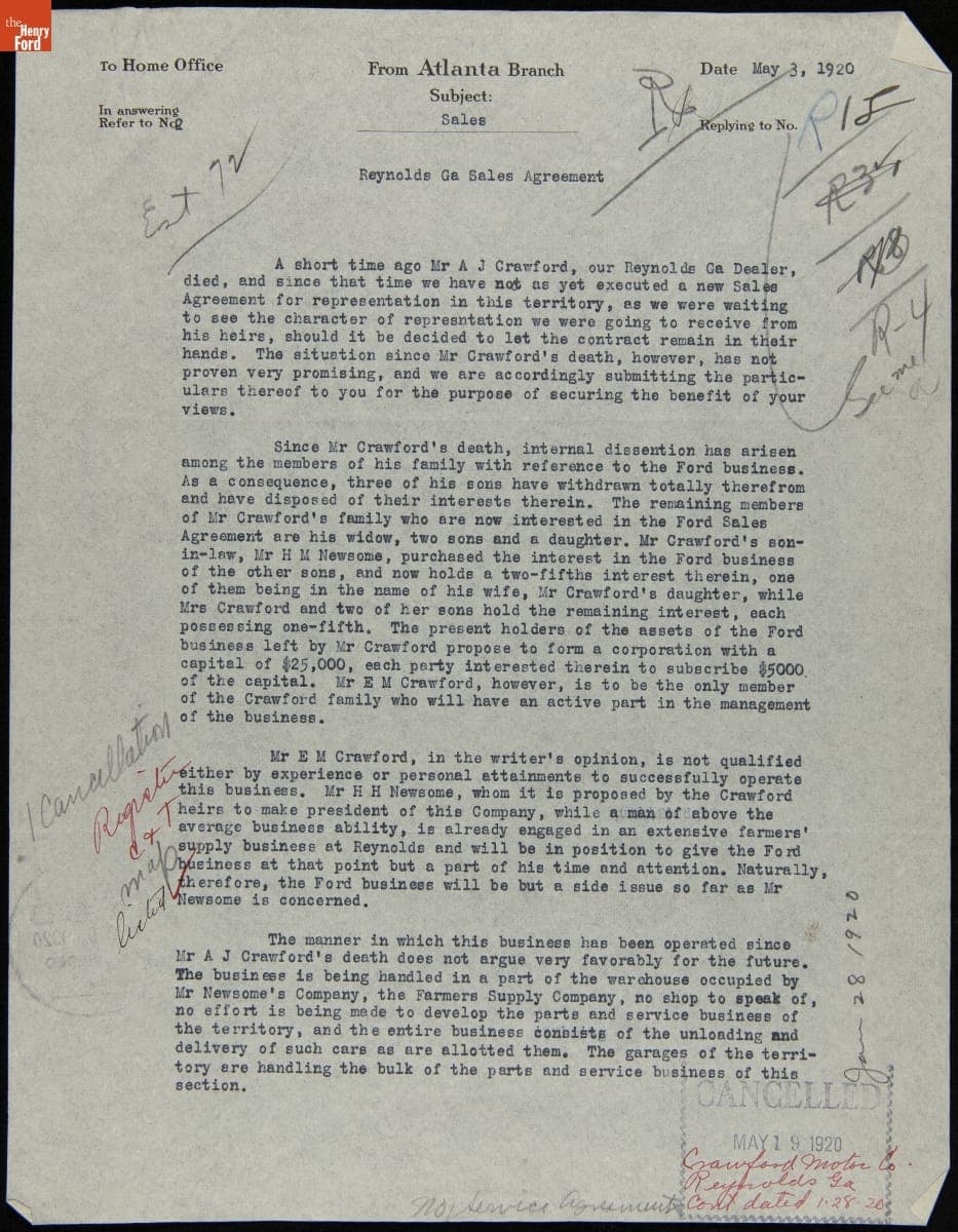 Letter to Ford Motor Company Regarding the Death of Mr. A.J. Crawford, Reynolds, Georgia, May 3, 1920