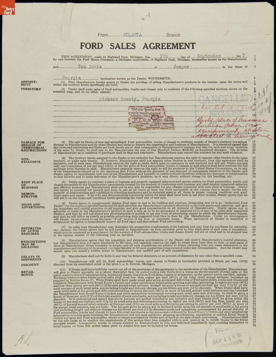 Cancelled Ford Sales Agreement for Tom Davis, Jasper, Georgia, November 24, 1919