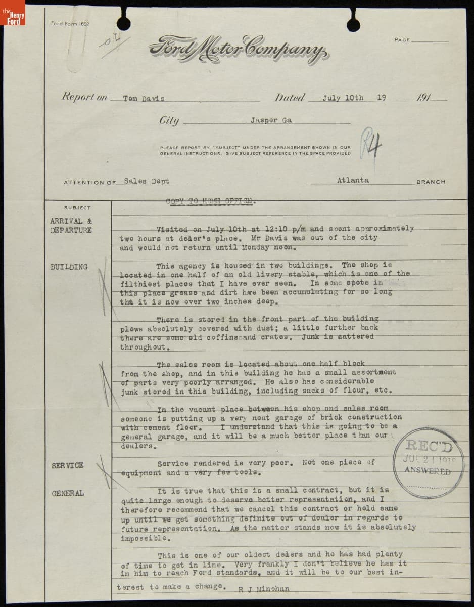 Manager Report Recommending the Cancellation of Tom Davis Sales Contract, Jasper, Georgia, July 10, 1919