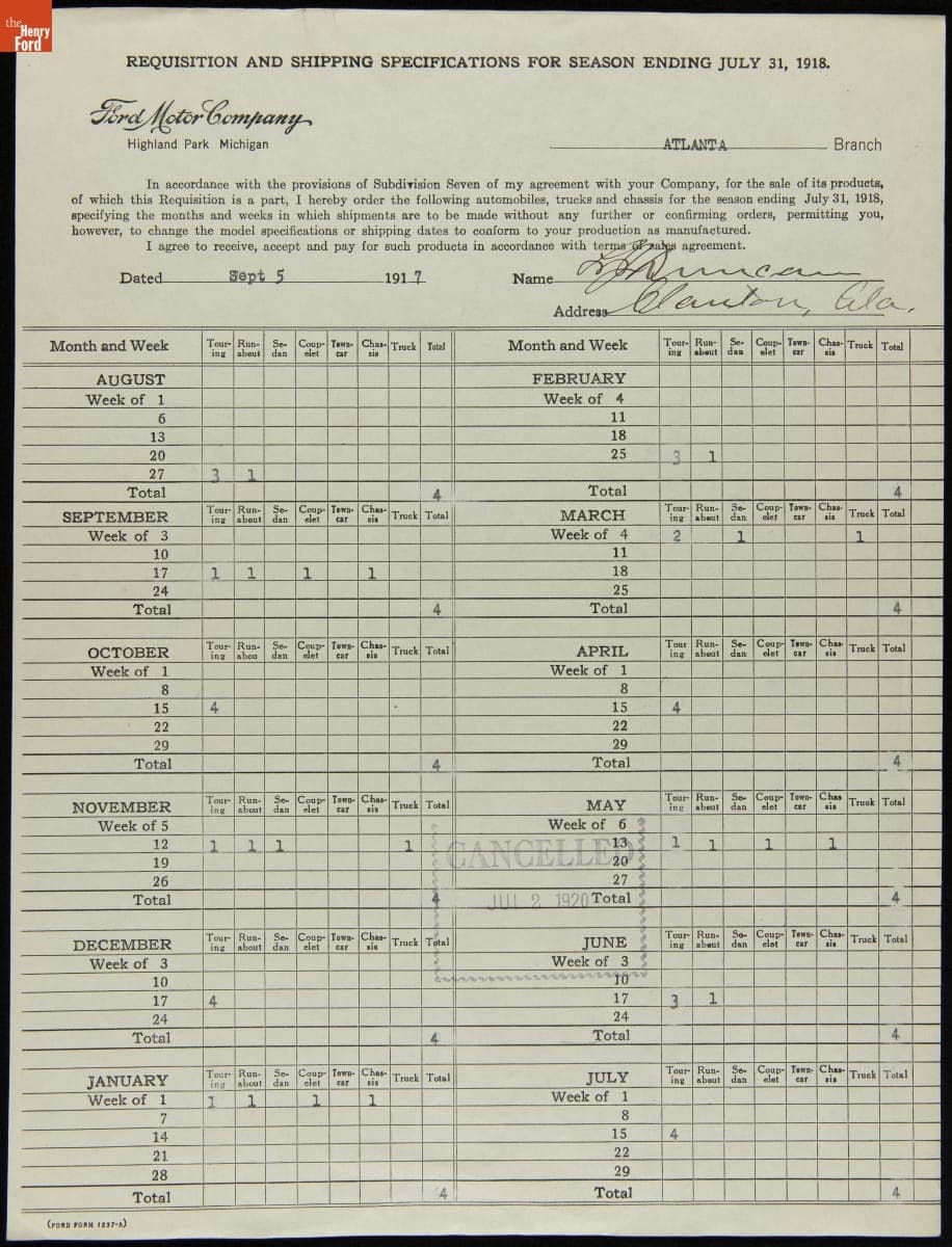 Cancelled Requisition Form for L.J. Duncan, Clanton, Alabama, July 2, 1920