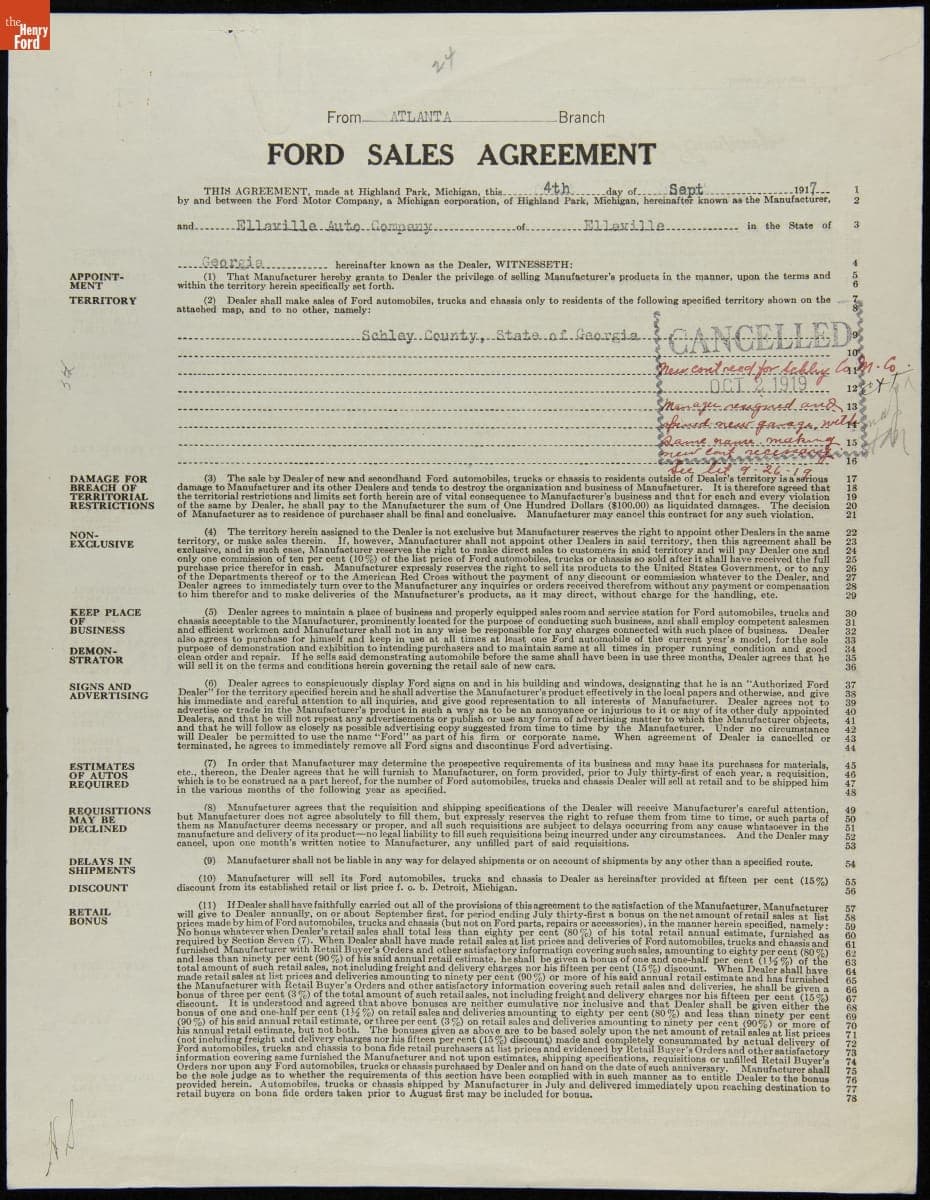 Cancelled Ford Sales Agreement for Ellaville Auto Company, Ellaville, Georgia, October 2, 1919