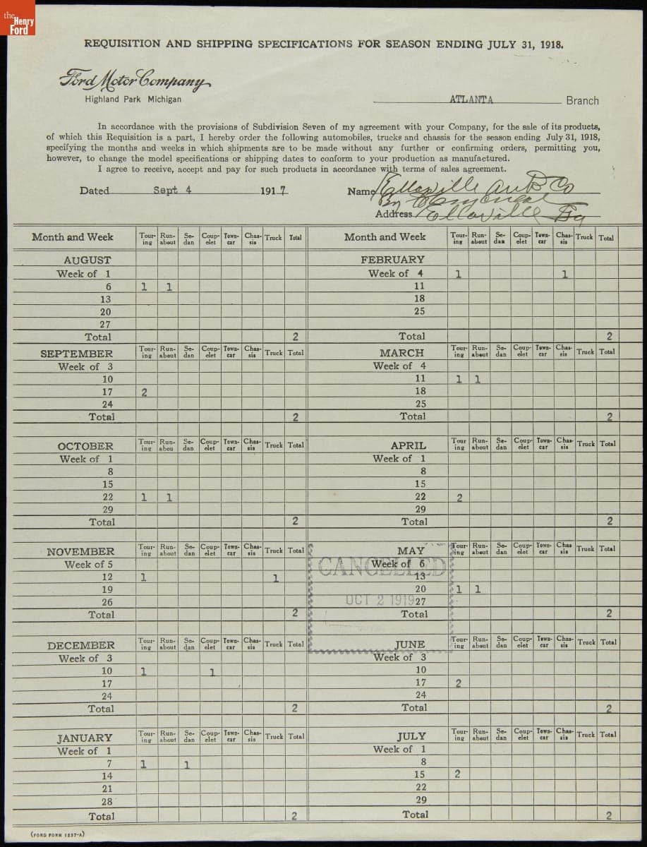 Cancelled Requisition Form for Ellaville Auto Company, Ellaville, Georgia, October 2, 1919