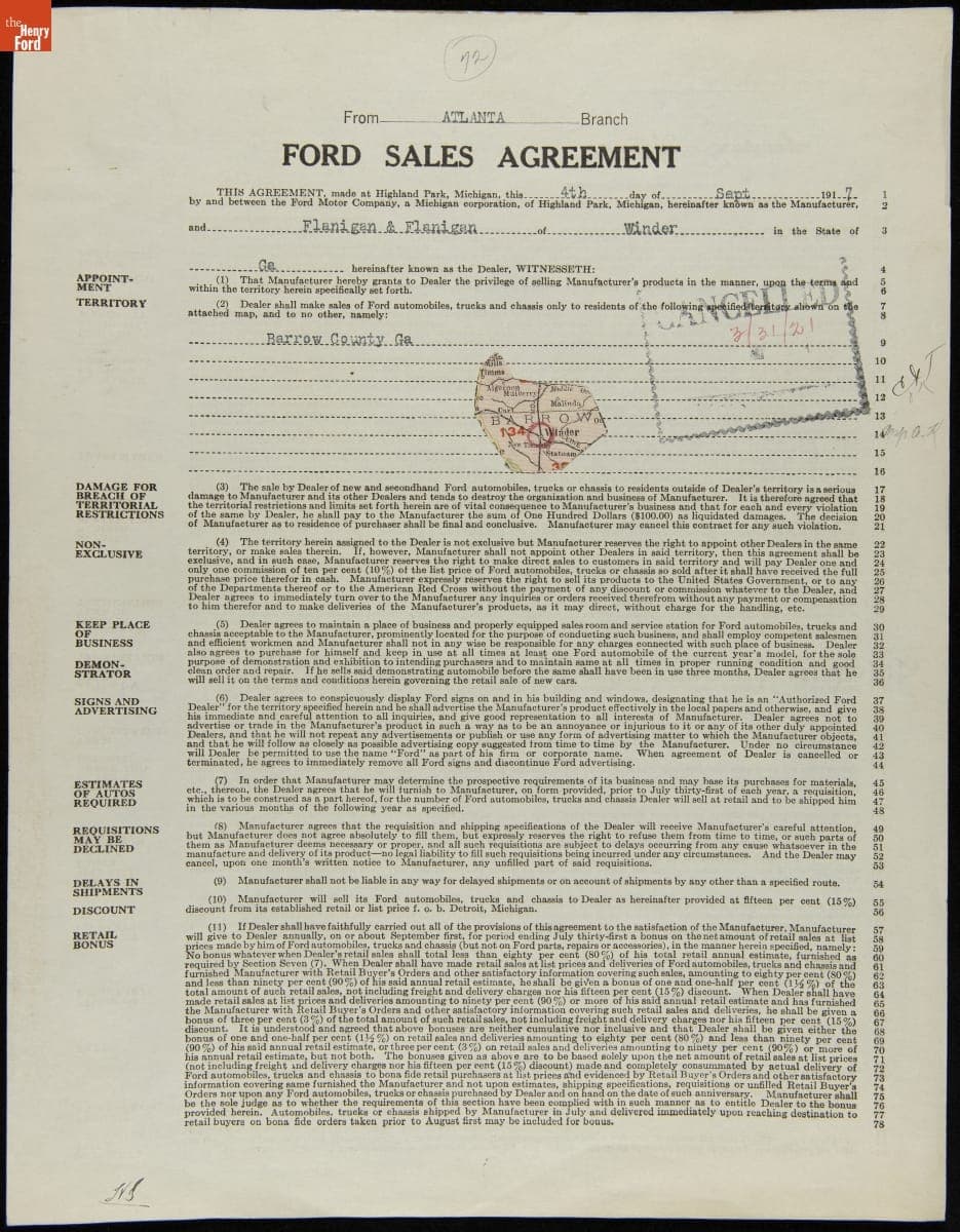 Cancelled Ford Sales Agreement for Flanigan and Flanigan, Winder, Georgia, March 31, 1921