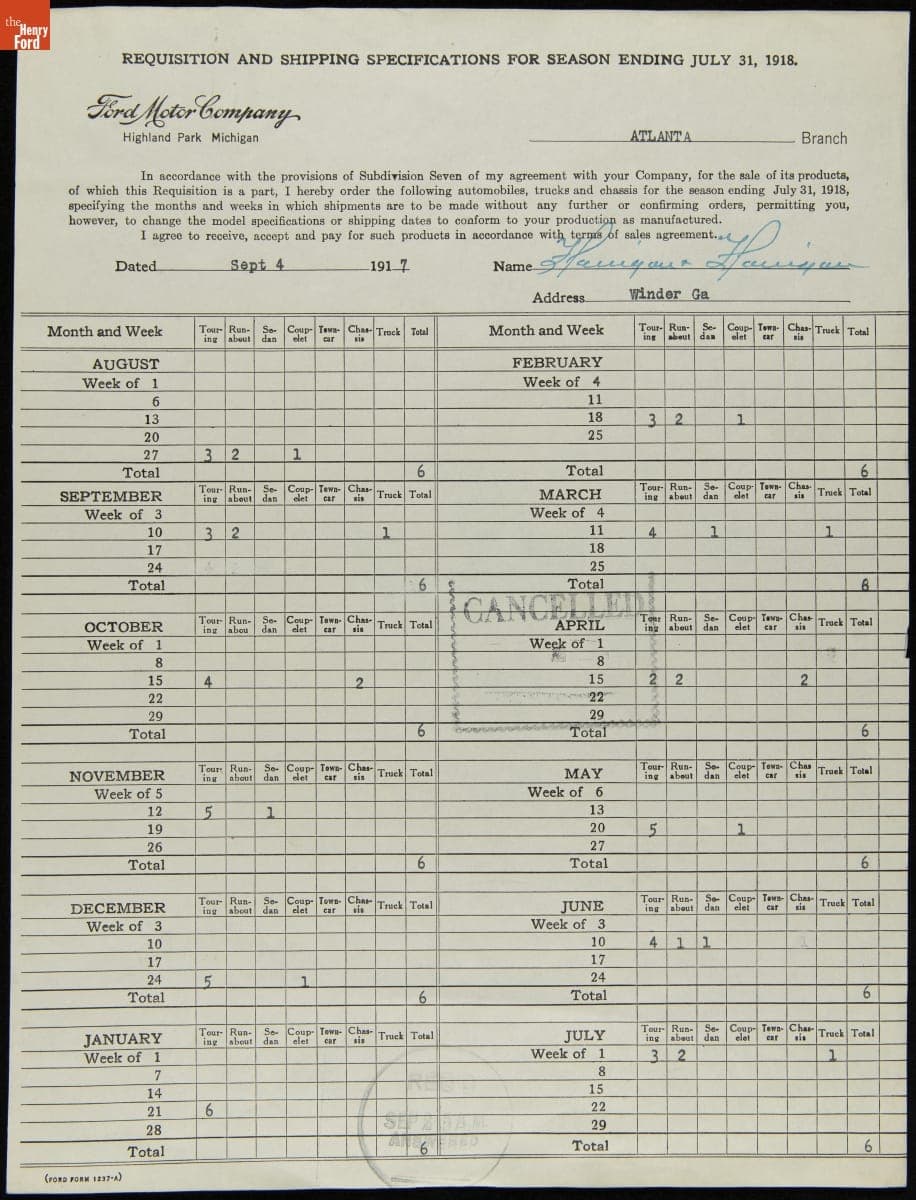 Cancelled Requisition Form for Flanigan and Flanigan, Winder, Georgia, March 1921