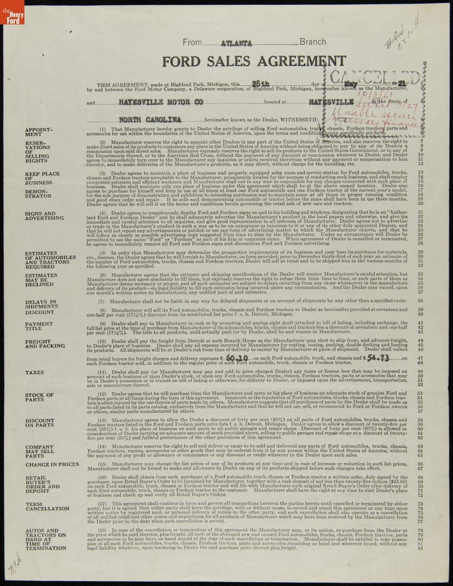 Cancelled Ford Sales Agreement for Hayesville Motor Company, Hayesville, North Carolina, October 3, 1921