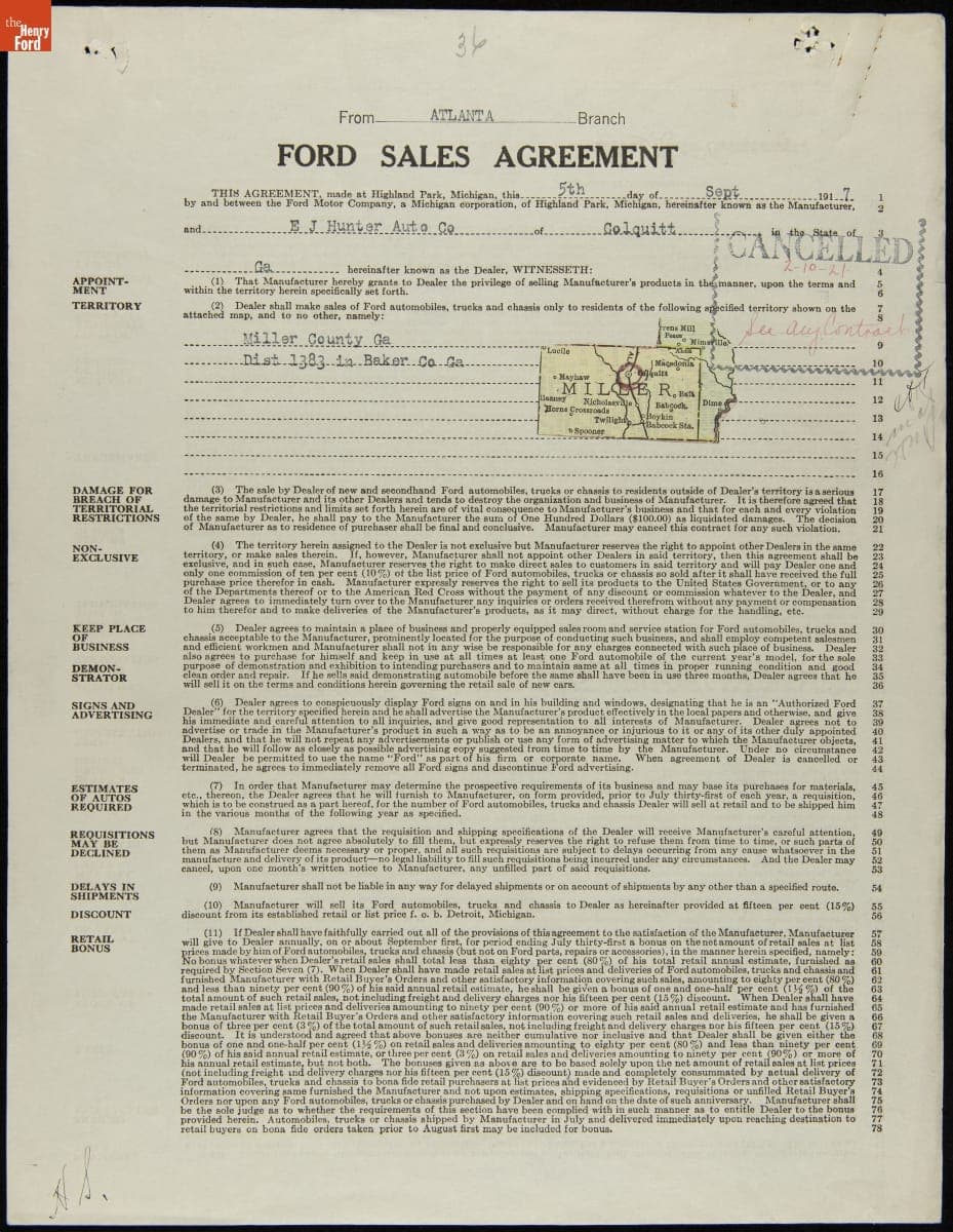 Cancelled Ford Sales Agreement for E.J. Hunter Auto Company, Colquitt, Georgia, February 10, 1921