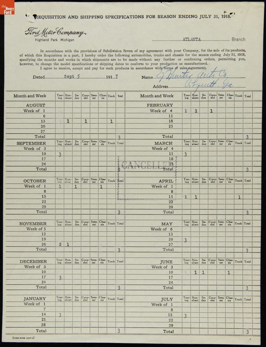 Cancelled Requisition Form for E.J. Hunter Auto Company, Colquitt, Georgia, 1921