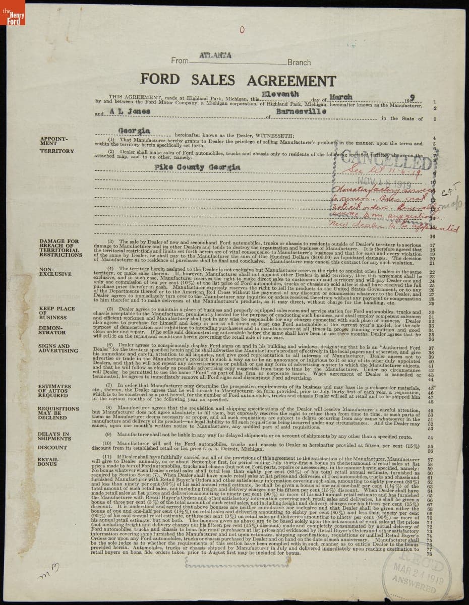 Cancelled Ford Sales Agreement for A.L. Jones, Barnesville, Georgia, November 6, 1919