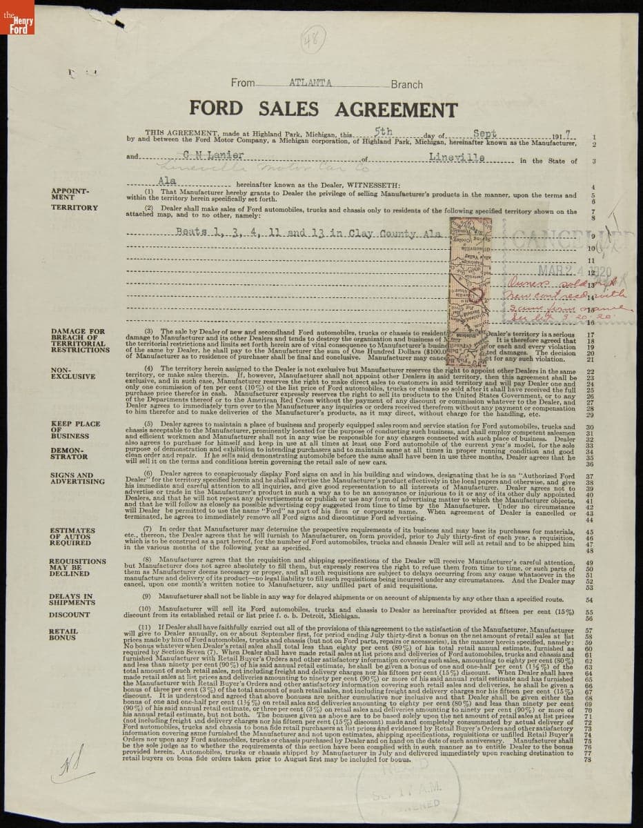 Cancelled Ford Sales Agreement for Lineville Motor Car Company, Lineville, Alabama, March 24, 1920