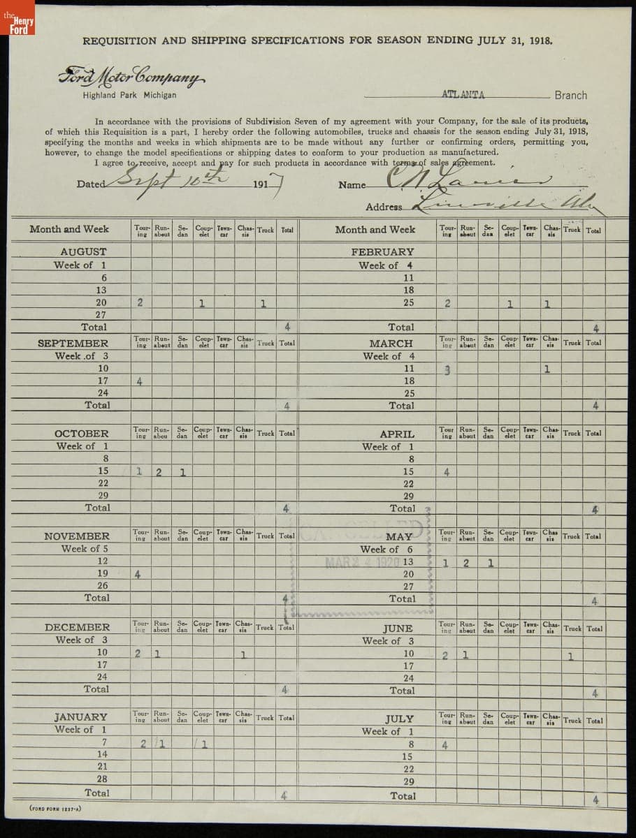 Cancelled Requisition Form for Lineville Motor Car Company, Lineville, Alabama, March 24, 1920
