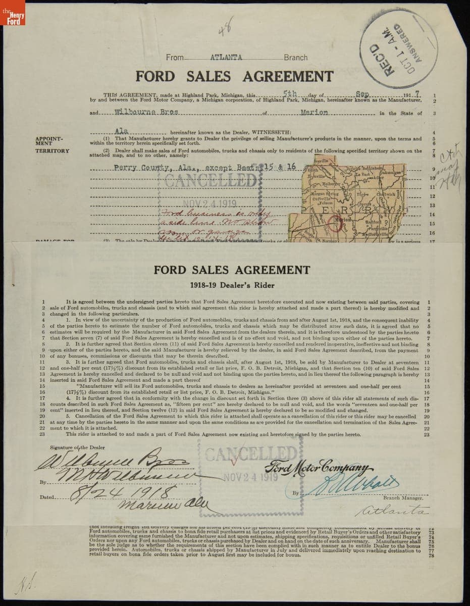 Cancelled Ford Sales Agreement for Wilbourne Brothers, Marion, Alabama, November 24, 1919