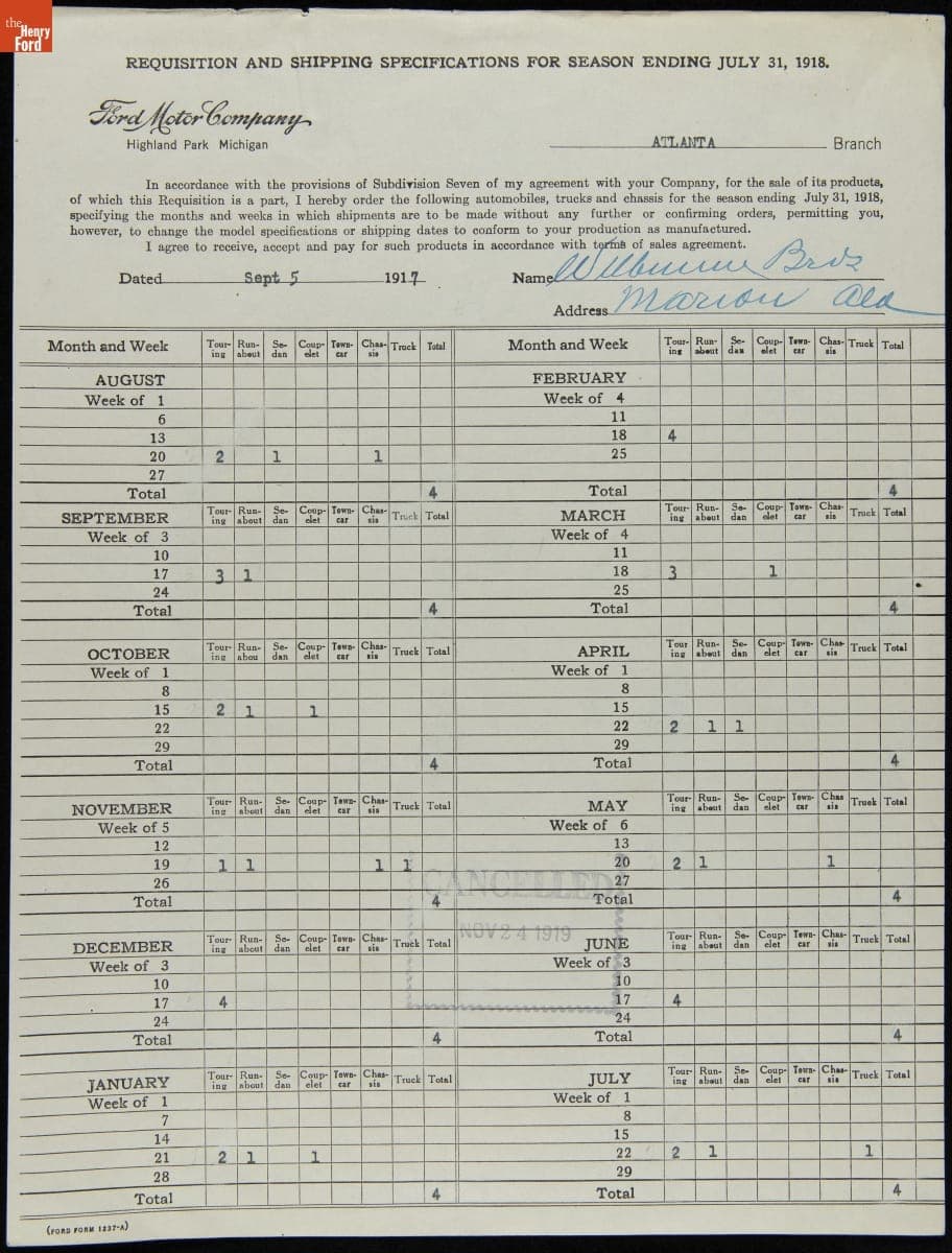 Cancelled Requisition Form for Wilbourne Brothers, Marion, Alabama, November 24, 1919