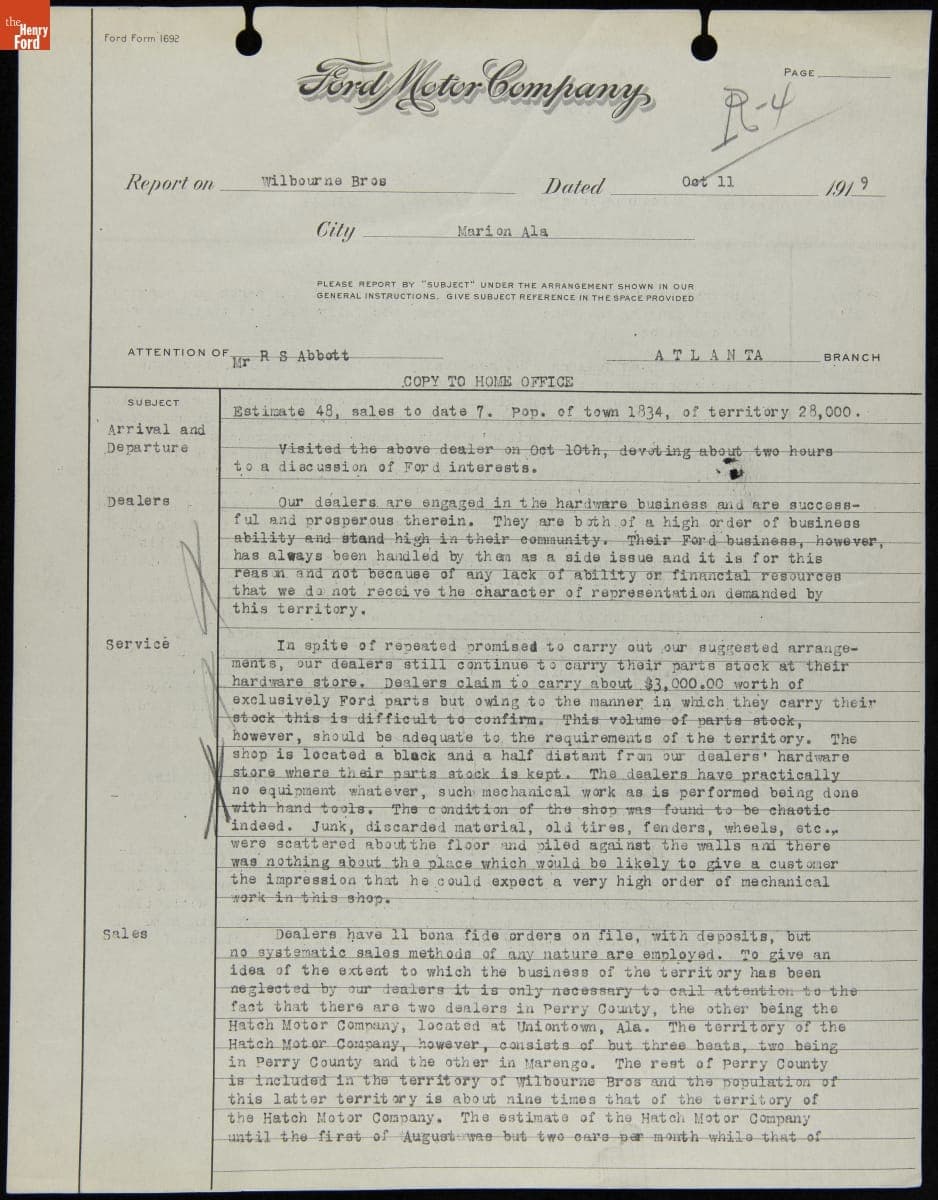 Manager Report of Wilbourne Brothers, Marion, Alabama, October 11, 1919
