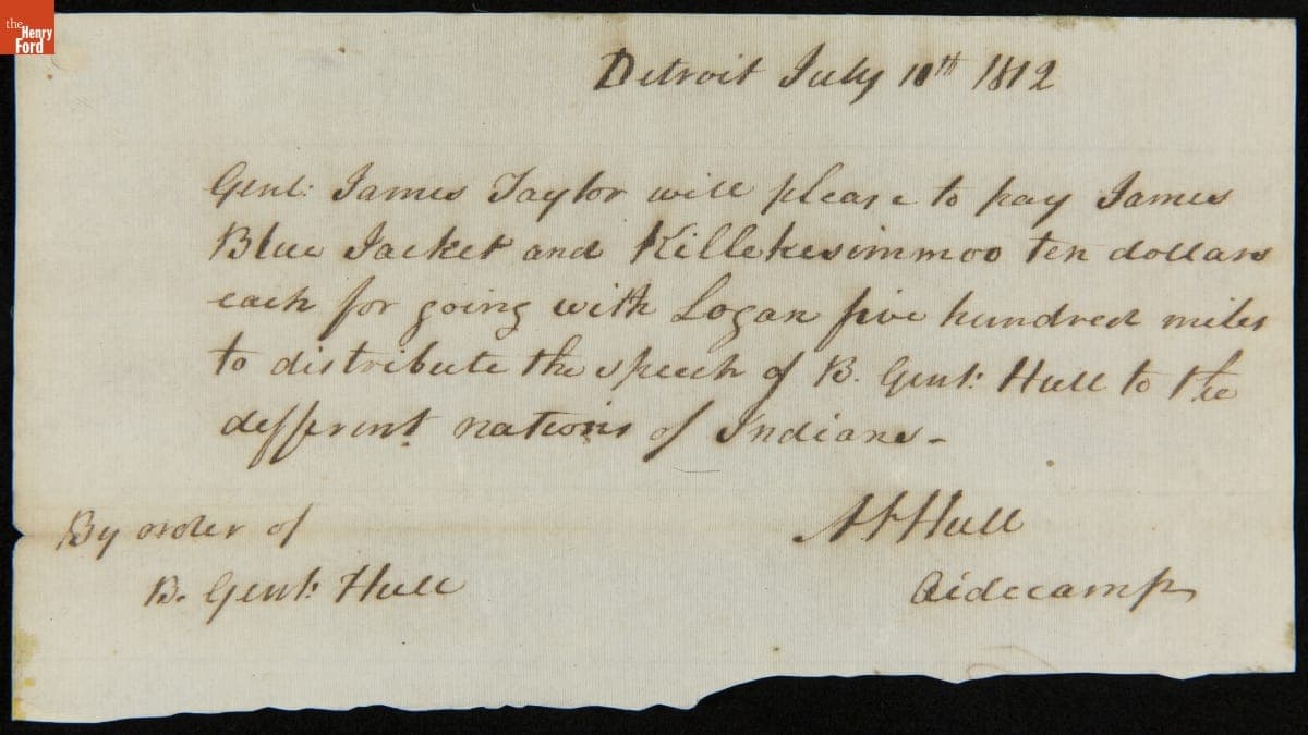 Promissory Note by Order of General Hull to Pay James Blue Jacket and Killekesimmoo, July 18, 1812
