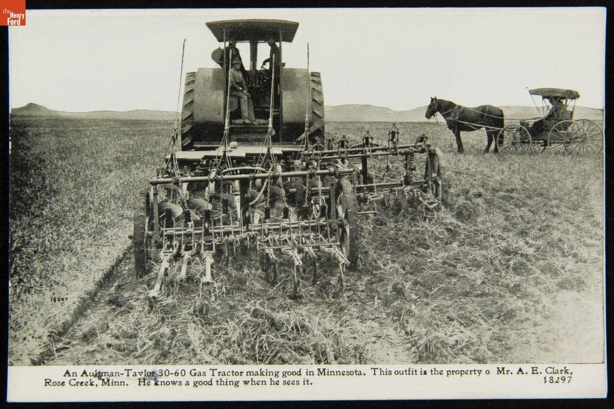Farmer Using an Aultman-Taylor 30-60 Gas Tractor, Rose Creek, Minnesota, circa 1915