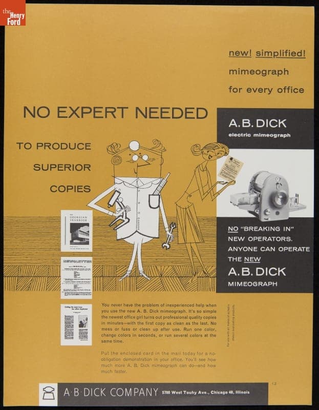 "New Simplified Mimeograph for Every Office. No Expert Needed to Produce Superior Copies," 1960
