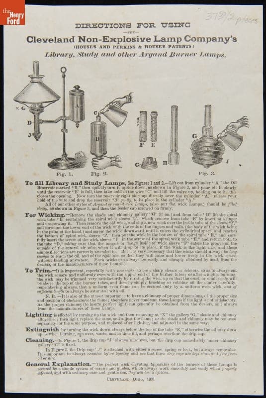"Directions for Using the Cleveland Non-Explosive Company's Library, Study and Other Argand Burner Lamps," 1881