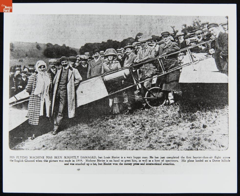 Louis Bleriot with His Damaged Flying Machine after Crossing the English Channel, 1909