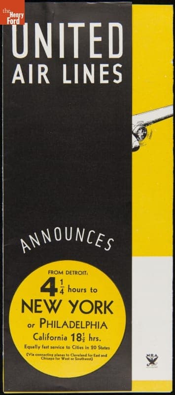 "United Air Lines Announces from Detroit 4 1/4 Hours to New York or Philadelphia," 1934