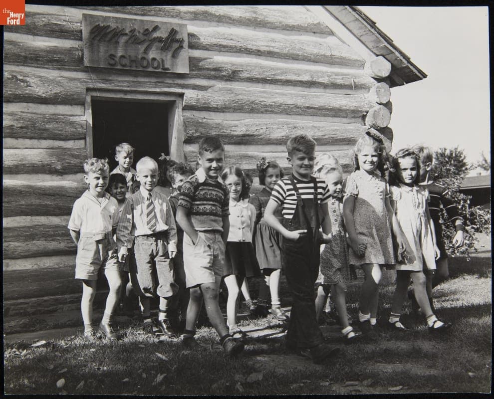 Edison Institute Schoolchildren outside McGuffey School, Greenfield Village, circa 1942