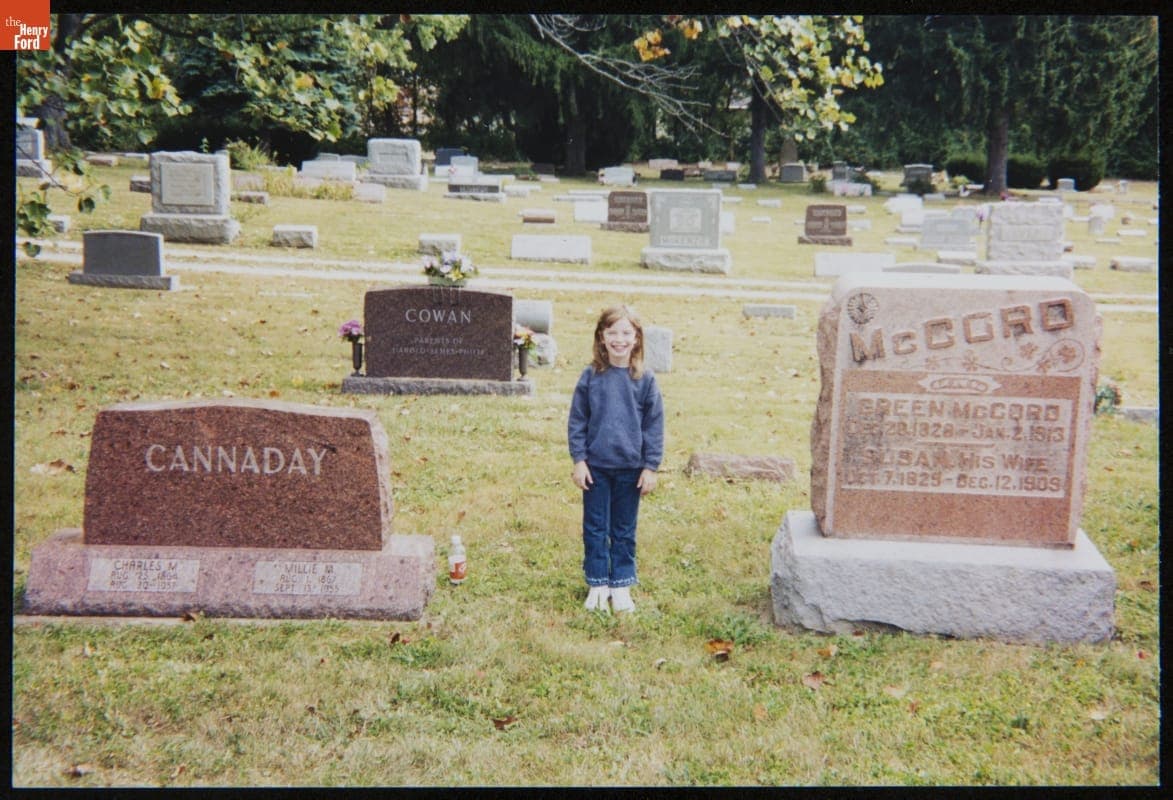 Ashley Long between the Gravestones of Her Third and Fourth Great-Grandparents, McCordsville, Indiana, circa 2002