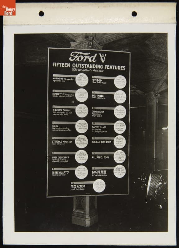 Ford V-8 Sales Display, "Fifteen Outstanding Features," August 1935