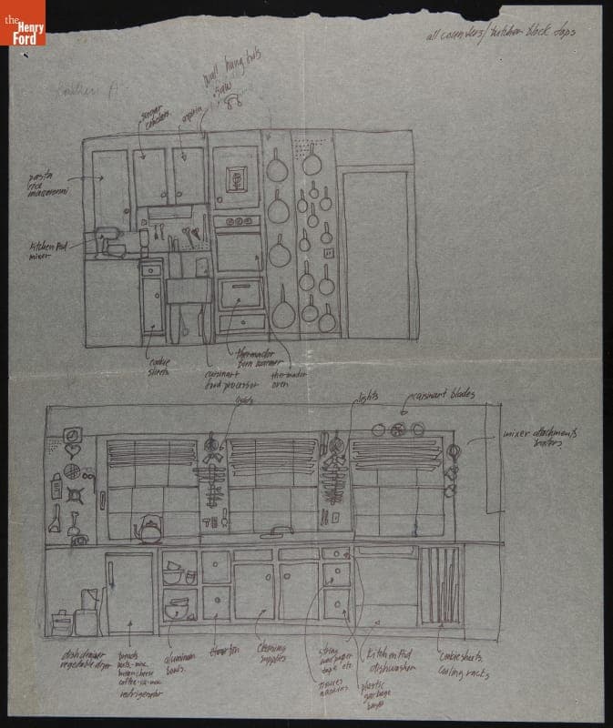Ink and Pencil Sketch by Jean Beirise of a Wall in Julia Child's Kitchen, 1977