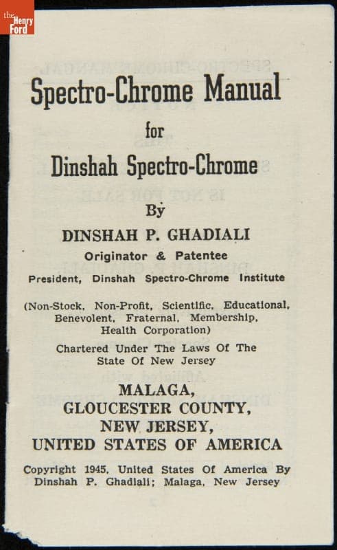 "Spectro-Chrome Manual for Dinshah Spectro-Chrome," circa 1945