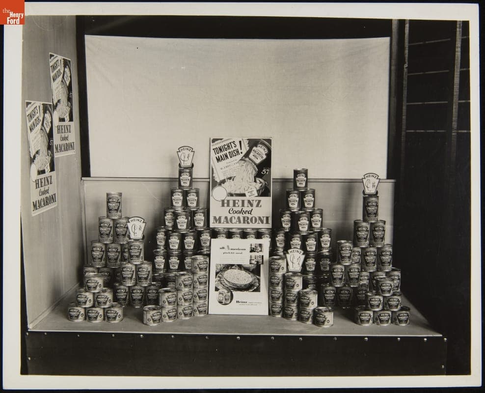 Store Display of Heinz Macaroni and Spaghetti, with Two Advertising Posters, circa 1930