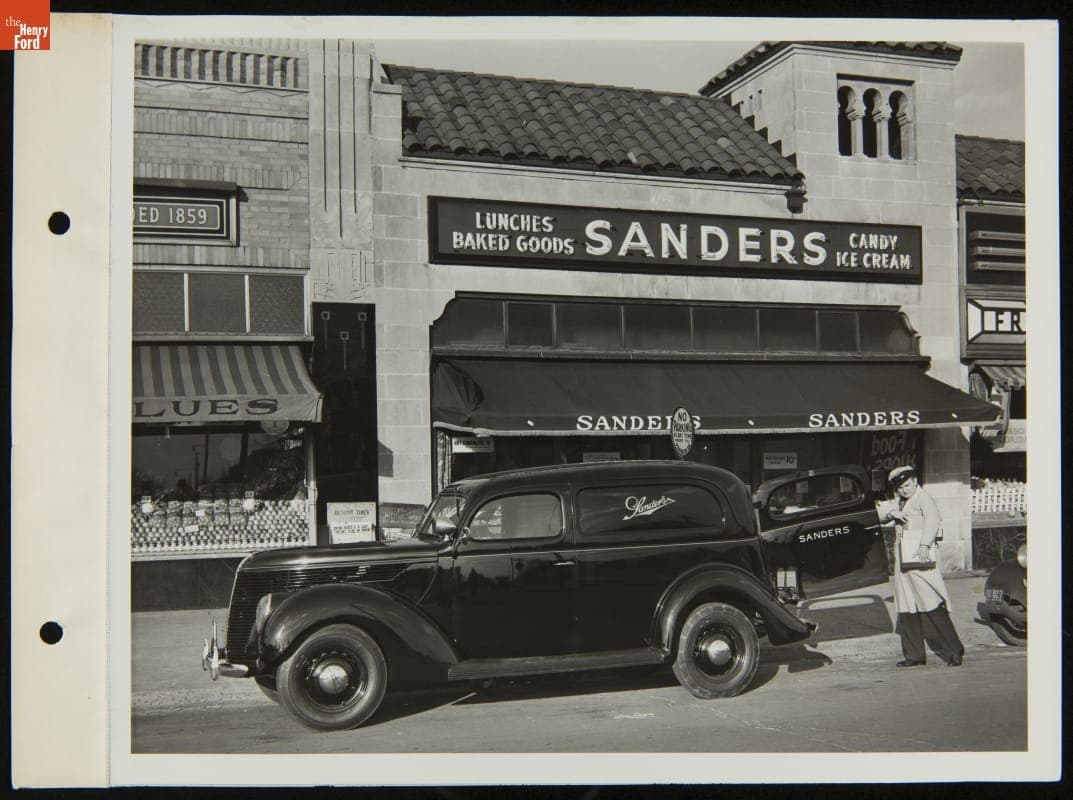 1938 Ford V-8 Standard Sedan Delivery Truck in Front of Sanders Store, Detroit, Michigan, December 1937