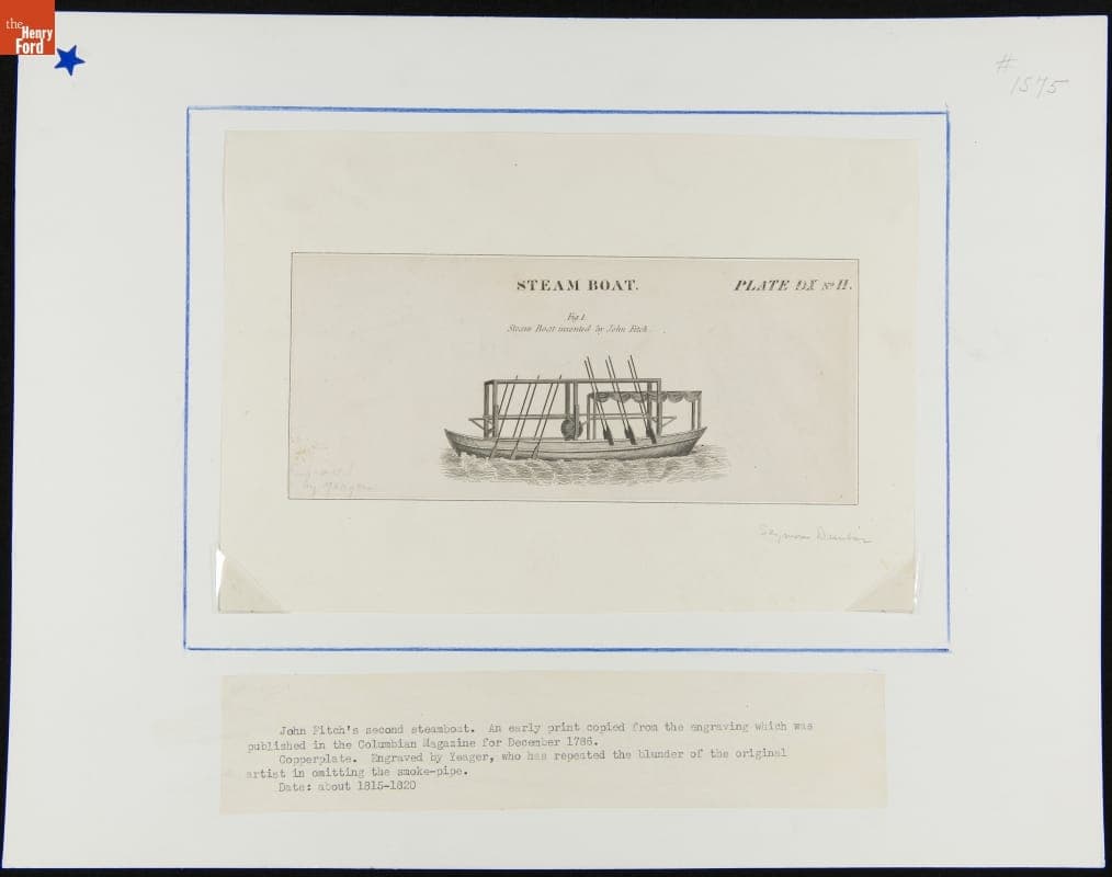"Steam Boat Invented by John Fitch," Copperplate Engraving, circa 1818