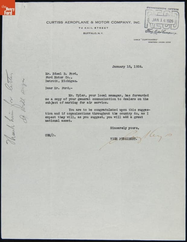 Letter Congratulating Edsel Ford for Involving Ford Dealers with Airmarking Buildings in Their Towns, January 15, 1926
