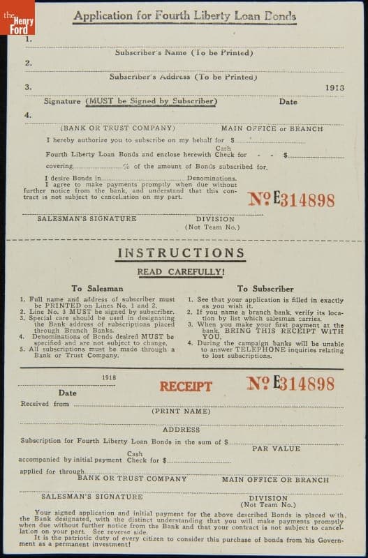Application for Fourth Liberty Loan Bonds, 1918