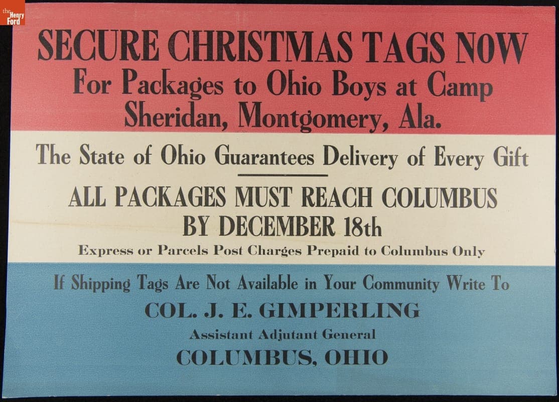 "Secure Christmas Tags Now for Packages to Ohio Boys at Camp Sheridan" Sign, 1917