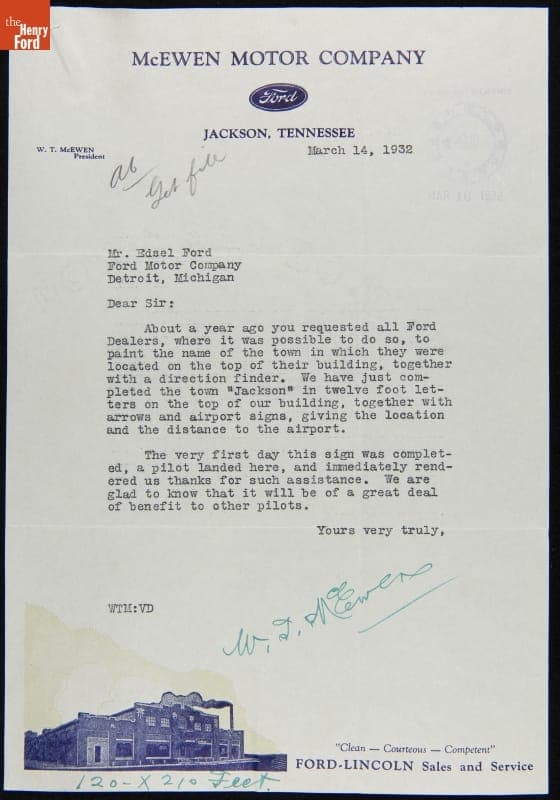 Letter from a Ford Dealer Informing Edsel Ford Their Building's Airmarker is Being Used by Pilots, March 1932