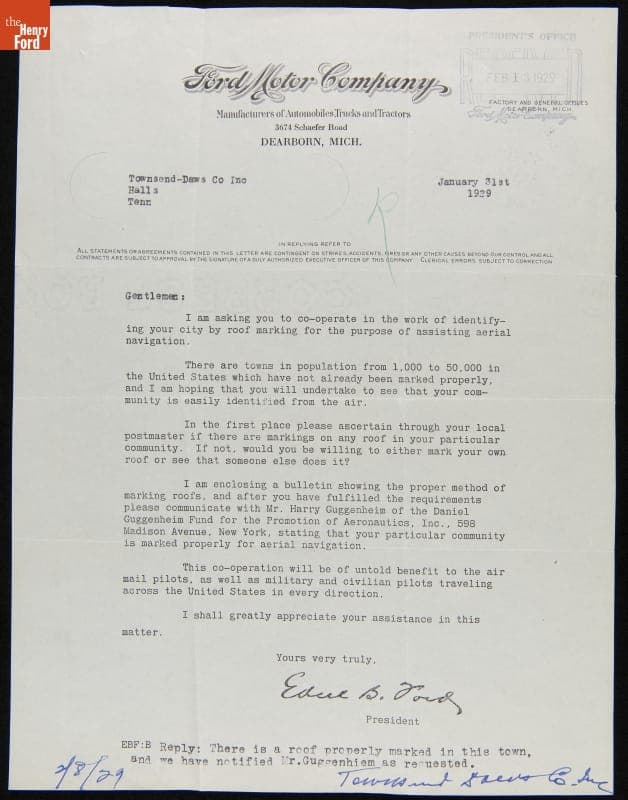 Letter from Edsel Ford to a Ford Dealer regarding Airmarking a Building in Their City, January 31, 1929