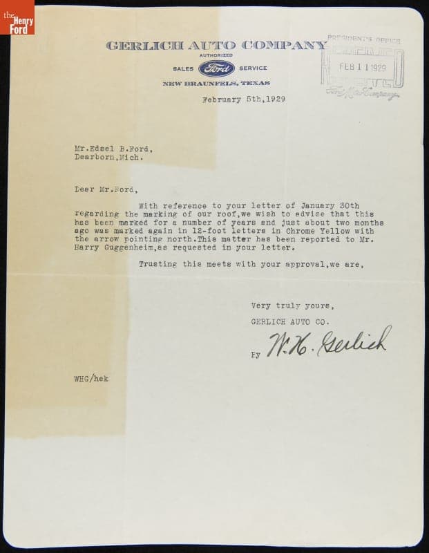 Letter from a Ford Dealer Informing Edsel Ford Their Building's Roof Has a Painted Airmarker, February 5, 1929