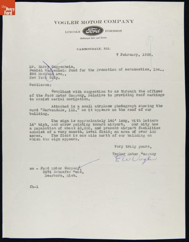 Letter from a Ford Dealer to Harry Guggenheim regarding an Airmarker on Their Roof, February 5, 1929