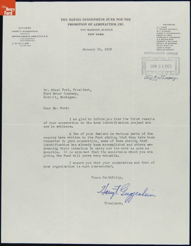 Letter from Harry Guggenheim to Edsel Ford regarding Airmarking Buildings to Aid Aerial Navigation, January 29, 1929