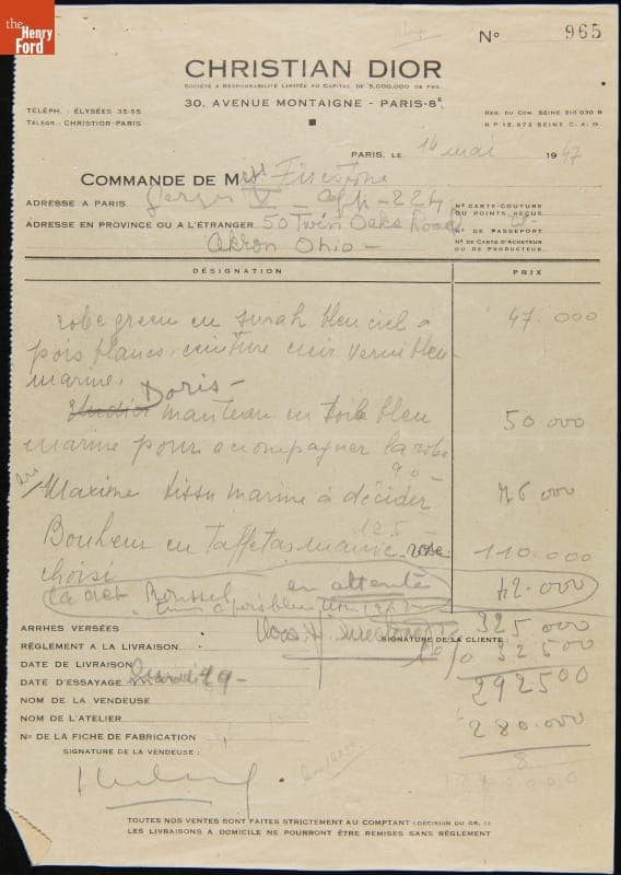 Invoice from House of Dior to Elizabeth Parke Firestone, May 14, 1947