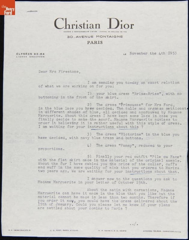 Letter from S. Azemar (for House of Dior) to Elizabeth Parke Firestone, November 4, 1953