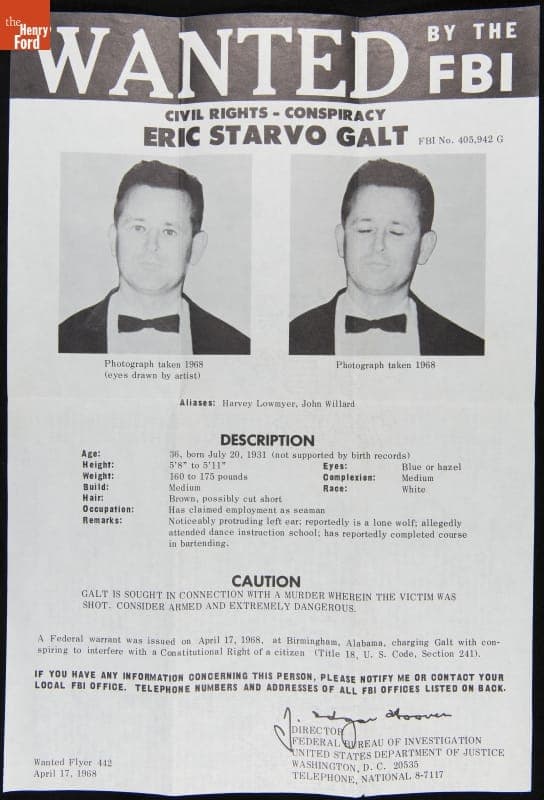 Wanted Flyer 442, Wanted by the FBI for Civil Rights - Conspiracy, Eric Starvo Galt, April 17, 1968