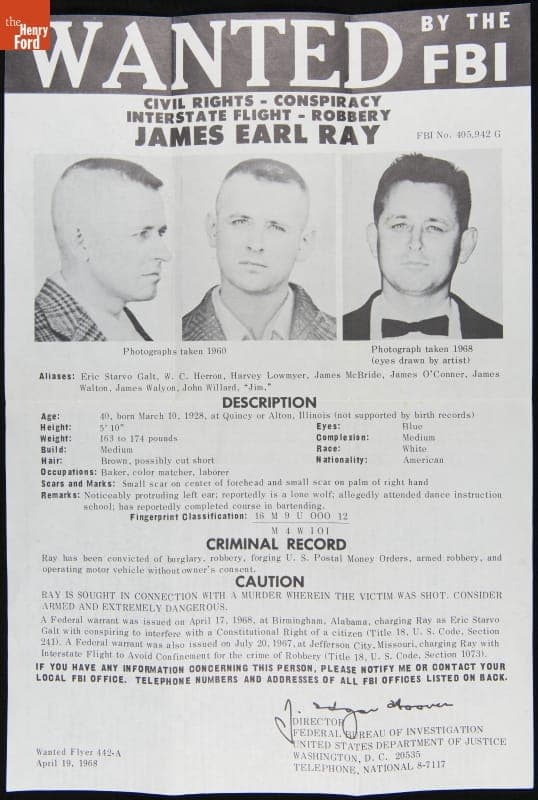 Wanted Flyer 442-A, Wanted by the FBI for Civil Rights - Conspiracy and Interstate Flight - Robbery, James Earl Ray, April 19, 1968