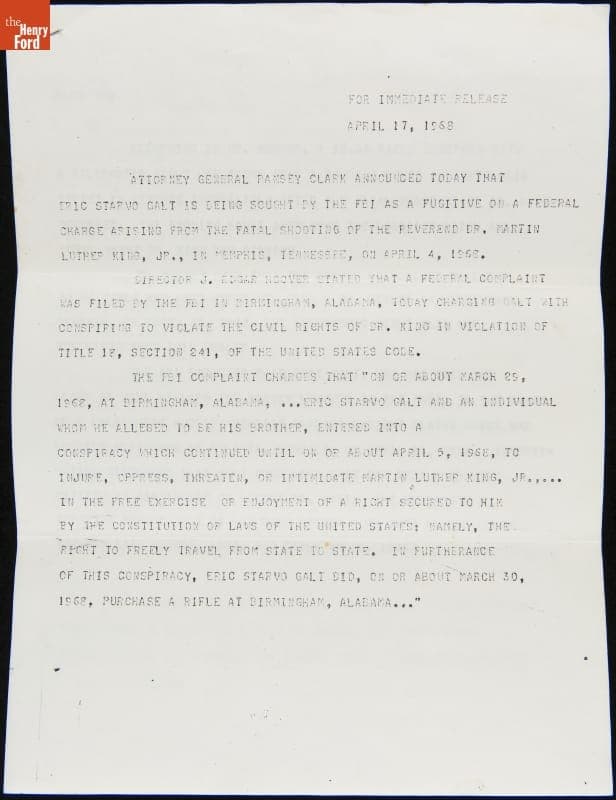 Teletype Message, FBI Seeking Eric Starvo Galt during the Martin Luther King, Jr. Assassination Investigation, April 17, 1968