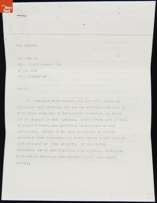 Teletype Message, FBI Identifies James Earl Ray during the Martin Luther King, Jr. Assassination Investigation, April 19, 1968