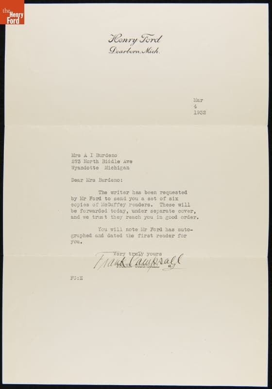 Letter from Frank Campsall (for Henry Ford) to Mrs. A. I. Burdeno, regarding McGuffey Readers, March 4, 1932